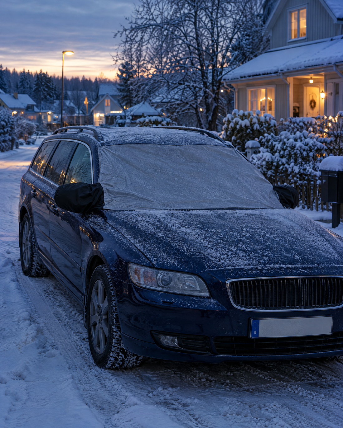 Bil med Frostskyddet på vindrutan en vintermorgon